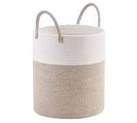 ShkitAelling Large Cotton Rope Laundry Basket 58L Tall Clothes Hamper Round Fabric Washing Bin with Handles for Family Bedroom Bathroom Utility Room Kids Nursery Organisation White Brown