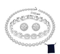 (SHLTZ1) S925 Silver Classic Happiness Diamond Round Crystal Earrings Bracelet Necklace Set Women Gorgeous Una Angelic Series Swa Jewelry Set