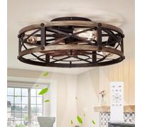 SHLUCE 19" Farmhouse Flush Mount Caged Ceiling Fans with Lights, 6 Speeds, Rustic Low Profile Ceiling Fan with Light and Remote, Small Bladeless Ceiling Fans with Lights for Kitchen, Bedroom - ETL