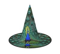 SHLXMDNZ Green Peacock Feather Print Halloween Cone Witch Hat Cosplay For Women Wizards Hat Masquerade Halloween Party Accessories