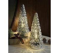 SHMILMH Silver Mercury Glass Christmas Tree, Small Tabletop Christmas Tree with Light, Battery Operated Mini Xmas Tree for Fireplace Bathroom Decor 10", Set of 2