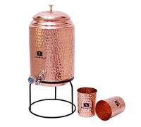 SHN Vedaansh Hammered Water Copper Dispenser Matka Pot Tank with Brass Round Tap, 2 Glass and Iron Stand ,Capacity: 5 Litre