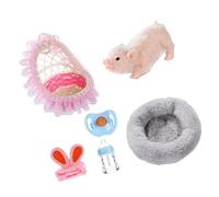 Shntig Interactive Piggy Doll Soft Squeeze Animal Figure Toy with Nursing Bottle Cradle for Preschooler Storytelling Games Pretend Play Accessories