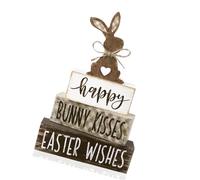 Shntig Set of 4 Spring Wooden Table Decorations Happy Easter Bunnies Figurine Stack Block Signs for Farmhouse Tiered Tray Decors Farmhouse Tiered Tray Decors