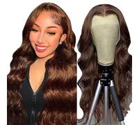 Shoaiye 13 x 4 Lace Front Real Hair Wig, Women's Body Wave Human Hair Wig, Wear and Go Glueless Remy Pre-Plucked Natural Hairline, 150% Density, Chocolate Brown Colour for Woman, 76 cm