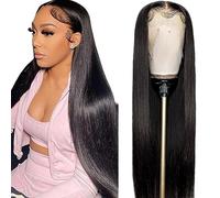 Shoaiye 13 x 4 Lace Front Real Hair Wig, Women's Straight Human Hair Wig, Wear and Go Glueless Brazilian Remy Pre-Plucked Natural Hairline, 150% Density, Natural Black Colour, for Woman, 76 cm