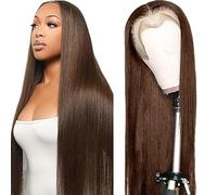 Shoaiye 13 x 4 Lace Front Real Hair Wig, Women's Straight Human Hair Wig, Wear and Go Glueless Remy Pre-Plucked Natural Hairline, 150% Density, Chocolate Brown Colour for Woman, 76 cm