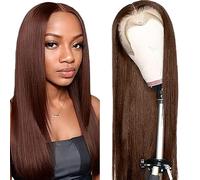 Shoaiye 13 x 4 Lace Front Real Hair Wig, Women's Straight Human Hair Wig, Wear and Go Glueless Remy Pre-Plucked Natural Hairline, 150% Density, Chocolate Brown Colour for Woman, 14 Inches