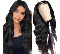 Shoaiye 13 x 6 Lace Front Real Hair Wig, Women's Body Wave Human Hair Wig, Wear and Go Glueless Remy Pre-Plucked Natural Hairline, 150% Density, Natural Black Colour, for Woman, 56 cm/55.8 cm