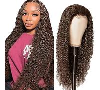 Shoaiye 4 x 4 Lace Front Real Hair Wig, Women's Curly Wave Human Hair Wig, Wear and Go Glueless Remy Pre Plucked Natural Hairline, 150% Density, #4 Chocolate Brown Colour for Woman, 76 cm