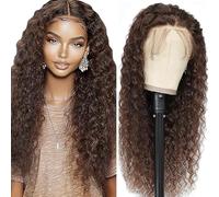 Shoaiye 4 x 4 Lace Front Real Hair Wig, Women's Water Wave Human Hair Wig, Wear and Go Glueless Remy Pre Plucked Natural Hairline, 150% Density, #4 Chocolate Brown Colour for Woman, 76 cm