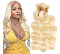 Shoaiye Human Hair Bundles Body Wave Real Hair Wefts Hair Bundles 100% Unprocessed Remy Brazilian Virgin Real Human Weave Extensions Double Weft #613 Blonde 14 16 18 Inches