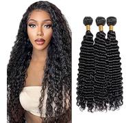 Shoaiye Human Hair Bundles Deep Wave Real Hair Wefts Hair Bundles 100% Unprocessed Remy Brazilian Virgin Real Human Weave Extensions Double Weft Natural Black 16 18 20 Inches