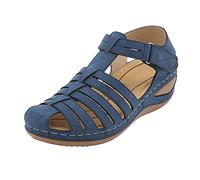 SHOBDW Orthopedic Wedge Sandals for Women Vintage Non Slip Rubber Sole Walking Sandals with Arch Support Solid Color Leather Closed Toe Beach Shoes Ankle Loop Hoop Sandal