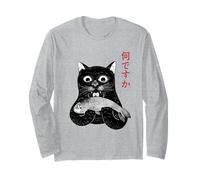 Shocked Neko Japanese Kanji Cat Eating Fish Nan Desu Ka Long Sleeve T-Shirt
