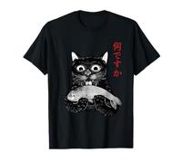 Shocked Neko Japanese Kanji Cat Eating Fish Nan Desu Ka T-Shirt