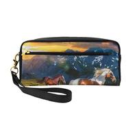 Shocking Running Horse Printed Leather Makeup Bags with Wrist Strap Portable Travel Toiletry Bag Cosmetic Organizer Bag for Women