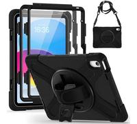 Shockproof Case for iPad A16 10th 2022 /11th 2025 Generation [2 Front Frames] Rugged Cover with 360° Rotatable One-Click Reset Stand & Velcro Hand Strap (Integrated Pencil Holder), Black