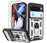Shockproof Case for Pixel 9 Pro XL Military-Grade Drop Proof Dual-Layer Protective with Camera Slide Cover|Precision Hole, Built-in Kickstand & 2 Screen Protectors for Google Pixel 9 Pro XL,Silver