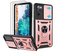 Shockproof Case for Samsung S20 FE Military-Grade Drop Proof Dual-Layer Protective with Camera Slide Cover | Precision Hole, Built-in Kickstand & 2 Screen Protectors for Galaxy S20 FE Phone,Rose Gold