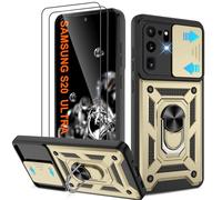 Shockproof Case for Samsung S20 Ultra Military-Grade Drop Proof Dual-Layer Protective with Camera Slide Cover | Precision Hole, Built-in Kickstand & 2 Screen Protectors for Galaxy S20 Ultra Phone,Gold