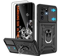 Shockproof Case for Samsung S20 Ultra Military-Grade Drop Proof Dual-Layer Protective with Camera Slide Cover |Precision Hole, Built-in Kickstand & 2 Screen Protectors for Galaxy S20 Ultra Phone,Black