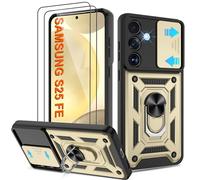 Shockproof Case for Samsung S25 FE Military-Grade Drop Proof Dual-Layer Protective with Camera Slide Cover | Precision Hole, Built-in Kickstand & 2 Screen Protectors for Galaxy S25 FE phone,Gold