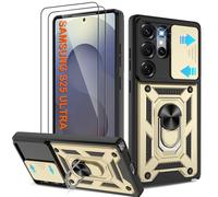 Shockproof Case for Samsung S25 Ultra Military-Grade Drop Proof Dual-Layer Protective with Camera Slide Cover | Precision Hole, Built-in Kickstand & 2 Screen Protectors for Galaxy S25 Ultra phone,Gold