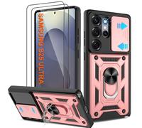 Shockproof Case for Samsung S25 Ultra Military-Grade Drop Proof Dual-Layer Protective with Camera Slide Cover | Precision Hole, Built-in Kickstand & 2 Screen Protectors for Galaxy S25 Ultra,Rose Gold