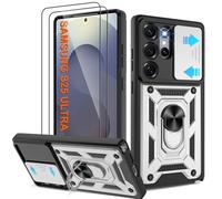 Shockproof Case for Samsung S25 Ultra Military-Grade Drop Proof Dual-Layer Protective with Camera Slide Cover | Precision Hole, Built-in Kickstand & 2 Screen Protectors for Galaxy S25 Ultra,Silver