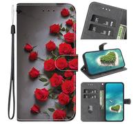 Shockproof Flip Cover Case for Tecno Spark Go 5G 2025 Glitter Red Rose Bouquet Flowers Pattern Magnetic Closure Durable PU Leather [Lanyard][Kickstand][Card Slots] Soft TPU Book Case for Girlfriend
