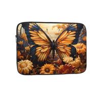 Shockproof Laptop Bag, Full Width Orange Yellow Butterfly Field Flowers Print Handbag Suitable For Business And Daily Use, Black, 13 inch
