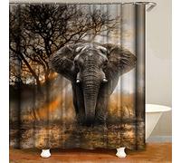Shocur Grey Elephant Shower Curtain, Tropical African Large Wild Animal and Fall Sunset Forest Trees Scenery, 72 x 72 Inches Polyester Fabric Bathroom Decor Set with 12 Hooks
