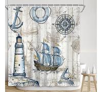 Shocur Nautical Shower Curtain, Vintage Ocean Lighthouse Anchor Sailboat Compass, 72 x 72 Inches Polyester Fabric Bathroom Decor Set with 12 Hooks