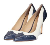 SHODENSE Women Pointed Toe Stiletto Heel Pumps Oxford Slip On High Heels Two Tone Perforated 4 inch Stiletto High Heels Pointy Closed Toe Dress Heels Wingtips Vintage Retro Chic 4-11 M US, Blue White,