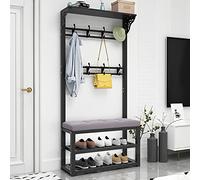 Shoe Bench and Coat Rack Metal Entryway nizer with 11 Hooks Anti-Tip Support Free-Standing Hanger Stylish Black Gray Design 80cm Storage Solution