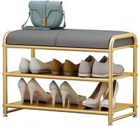 Shoe Bench for EntrywaySmall Space Seating with Shoe StorageLow Bench with CushionStylish Gold and Black Metal Frame