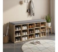Shoe Bench, Storage Bench with Padded Seat, 15 Compartments, Oak with Blue Grains