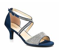Shoe Box Boutique 0067 Women's Diamante Detail Low Kitten Heel Strappy Peep Toe Evening Party Special Occasion Sandals Shoes (Navy Blue), 3 UK