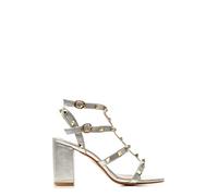 Shoe Box Boutique 009 Women's Stud Rivet Slingback Strappy Sandals Peep Toe High Block Heel Shoes Office Evening Party 3-8 (Silver, Numeric_5)