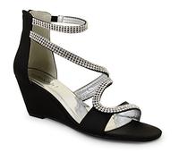 Shoe Box Boutique 118 Ladies Satin Diamante Low Wedge Heel Strappy Sandals Shoes Evening Weddings (8 UK, Black)