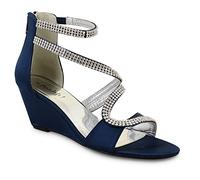 Shoe Box Boutique 118 Ladies Satin Diamante Low Wedge Heel Strappy Sandals Shoes Evening Weddings (8 UK, Navy Blue)