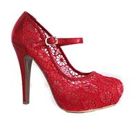 Shoe Box Boutique 566/107 Women's Lace Embellished Platform High Heel Mary Jane Bridal Wedding Evening Party Court Shoes 3-8 (Red, Numeric_8)