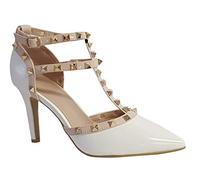 Shoe Box Boutique F2 Women's Studs Strappy High Heeled Sandals Rivets Buckle Pointy Pumps Court Shoes Office Evening Party 3-8 (White, numeric_5)
