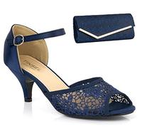 Shoe Box Boutique SB0062 Women's Lace Satin Mid Heel Peep Toe Mary Jane Strappy Sandals & Matching Clutch Shoulder Bag (Navy Blue, Numeric_8)