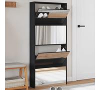 Shoe Cabinet Black Engineered Wood & Glass 63x17x134 cm 4-Drawer Mirror Hallway