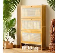 Shoe Cabinet Cupboard, Pull Down Shoe Storage Organiser Wooden Furniture Unit, W50/70/100cm Space Saving Shoes Rack Cabinet Footwear Stand for Living Room Hallway(Natural,6 Drawer(100cm/39.4in))