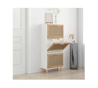 Shoe Cabinet White 52x25x115cm Engineered Wood & Pine Rattan Front Slim 3-Drawer