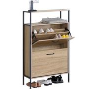 Shoe Cabinet with 2 Drawers, Pull Down MDF Wooden Shoe Storage Shelves Organizer Cupboard Shoes Rack Cabinet Freestanding Footwear Rack Stand Hallway, Entryway, Living Room 63x24x105cm