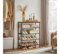 Shoe Display Stand 5 Tier, Slim Shoe Organizer With 4 Cloth Shelves And Upper Section, Industrial, Rustic Brown And Black
